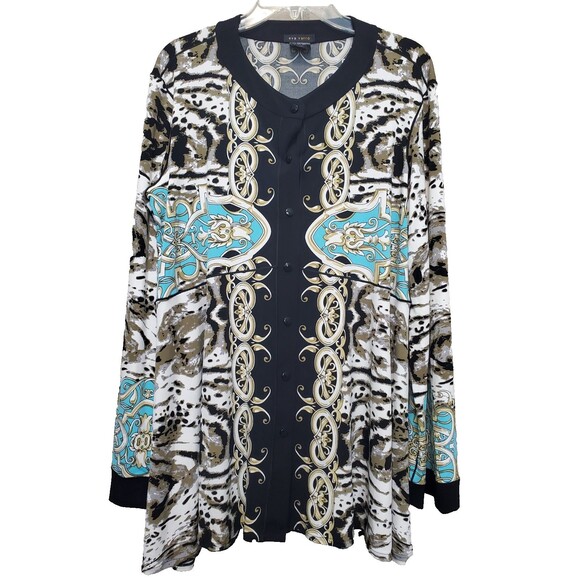 Eva Varro Mixed Pattern Chain Print Snap Up Long Slv Tunic Sz XL Lagenlook Boho - Picture 1 of 4